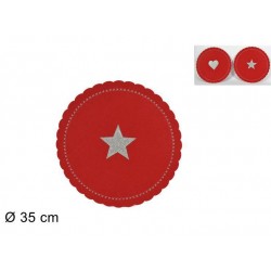 Individual redondo em feltro vermelho/prateado 35cm